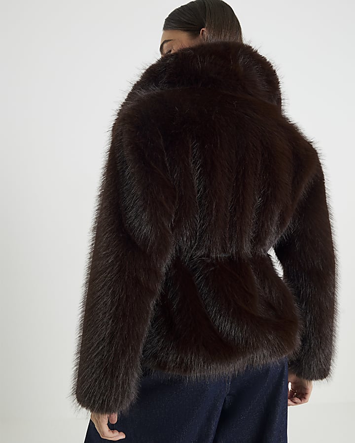 Brown Short Belted Faux Fur Coat | River Island