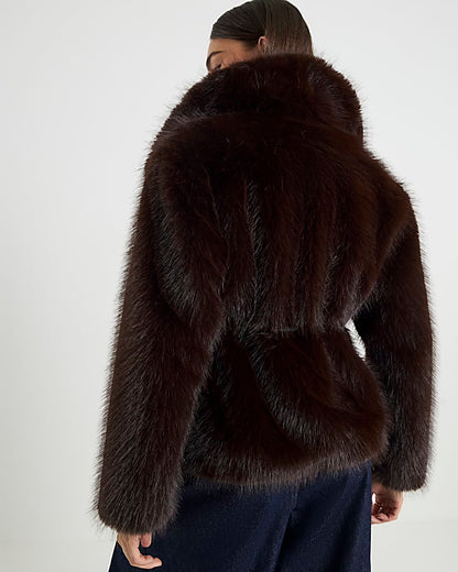 Brown Short Belted Faux Fur Coat | River Island