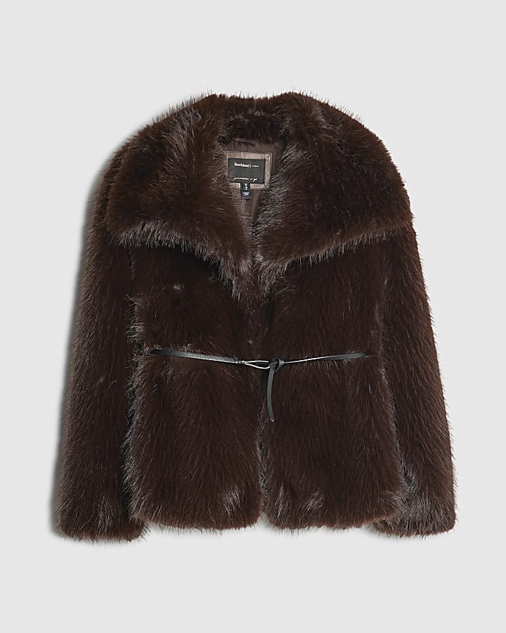 Brown Short Belted Faux Fur Coat | River Island