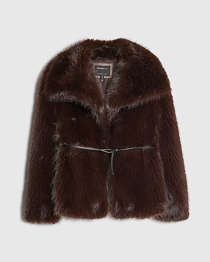 Brown Short Belted Faux Fur Coat | River Island