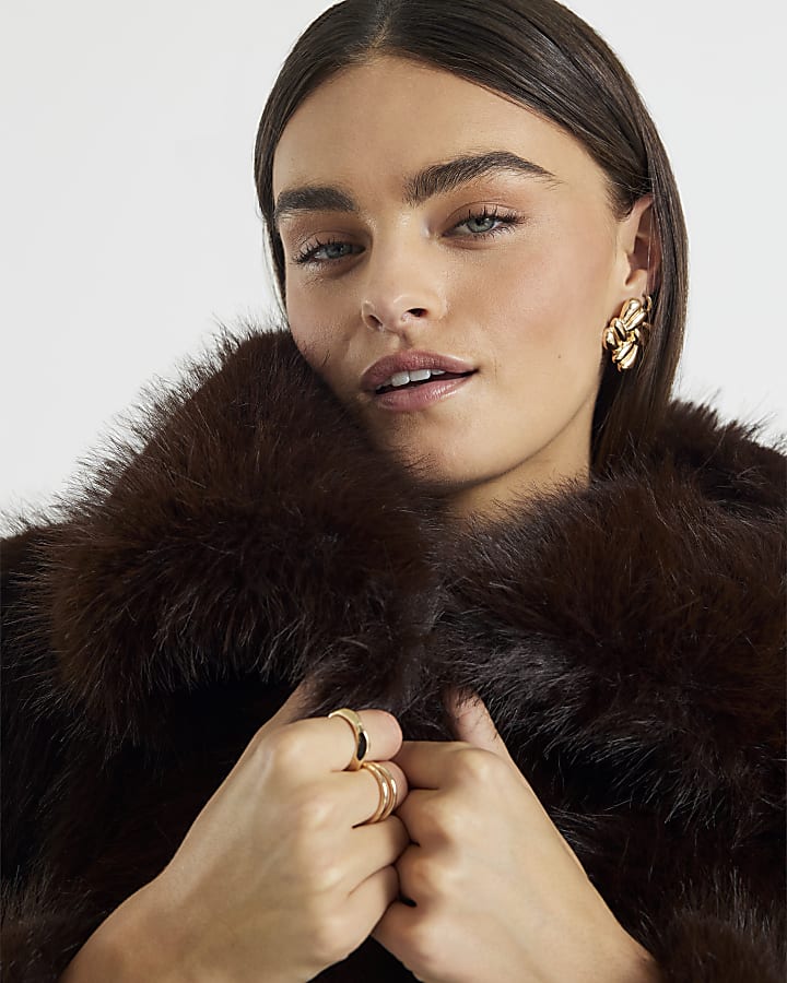 Brown Short Belted Faux Fur Coat | River Island