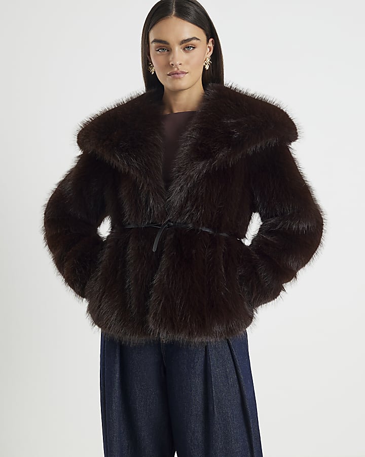Brown Short Belted Faux Fur Coat | River Island