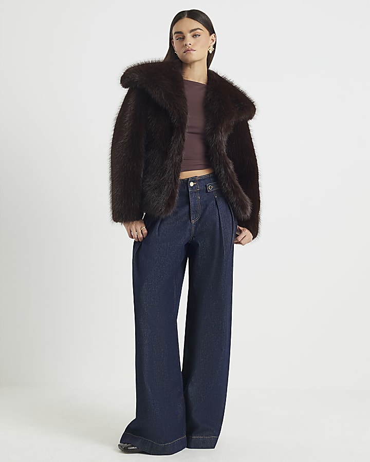 Brown Short Belted Faux Fur Coat | River Island