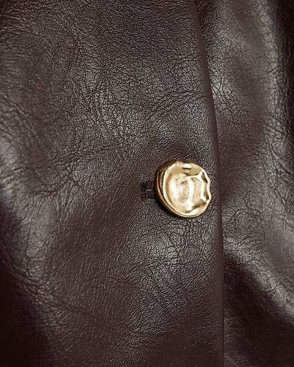 Red Faux Leather Button Collarless Jacket