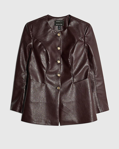 Red Faux Leather Button Collarless Jacket
