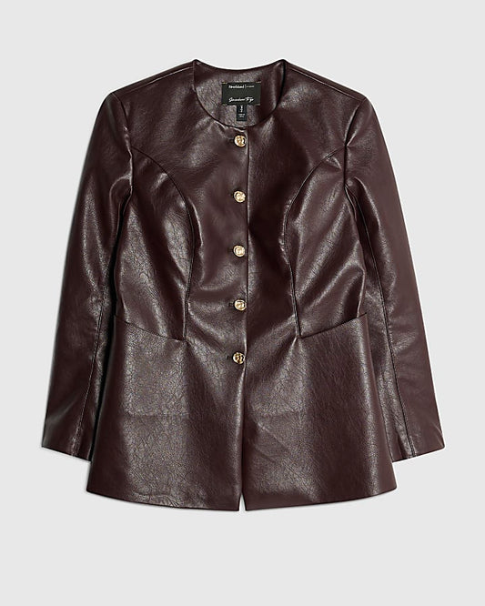 Red Faux Leather Button Collarless Jacket