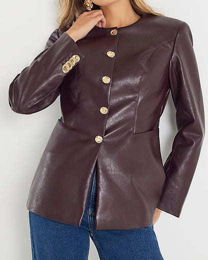 Red Faux Leather Button Collarless Jacket