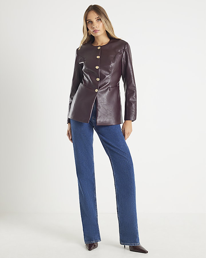 Red Faux Leather Button Collarless Jacket