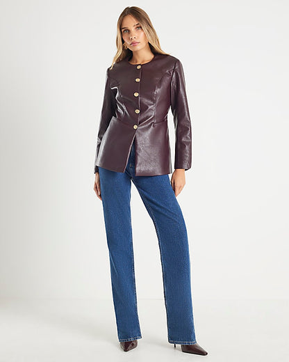 Red Faux Leather Button Collarless Jacket