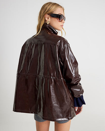 Red Faux Leather Funnel Neck Jacket