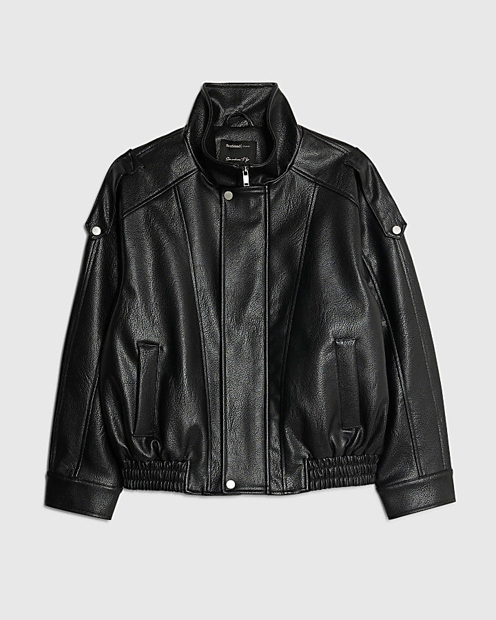Black Faux Leather Funnel Neck Biker Jacket