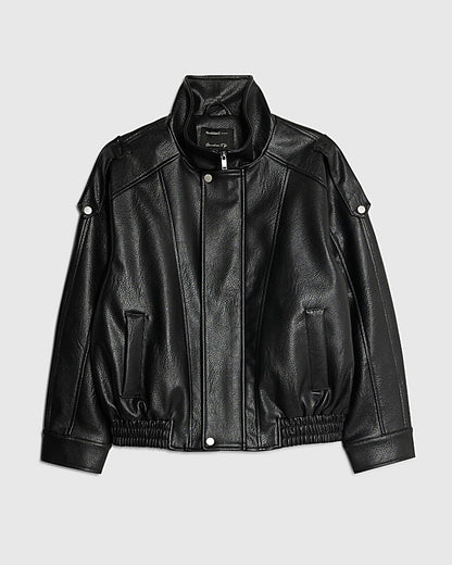 Black Faux Leather Funnel Neck Biker Jacket