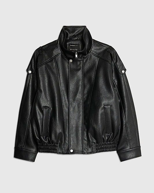 Black Faux Leather Funnel Neck Biker Jacket