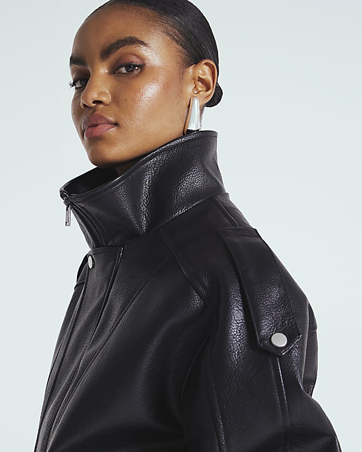 Black Faux Leather Funnel Neck Biker Jacket