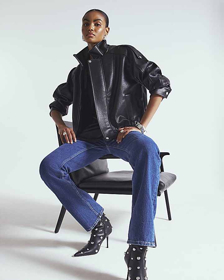 Black Faux Leather Funnel Neck Biker Jacket