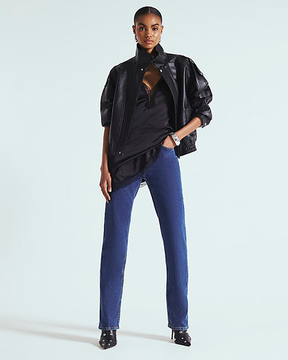 Black Faux Leather Funnel Neck Biker Jacket