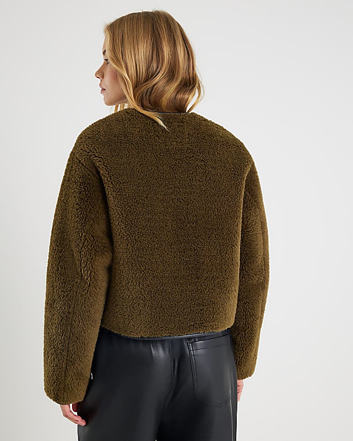 Khaki Borg Button Through Jacket