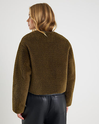 Khaki Borg Button Through Jacket