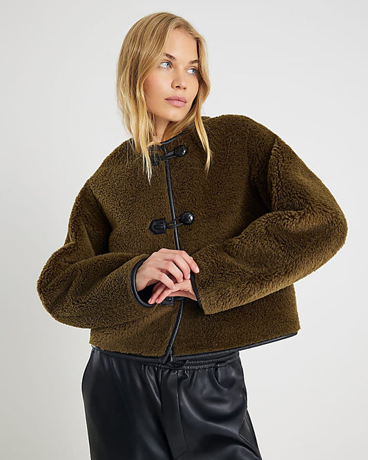 Khaki Borg Button Through Jacket