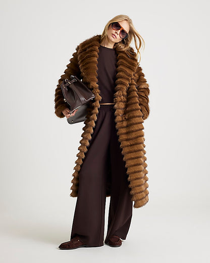 Brown Pelted Faux Fur Longline Coat