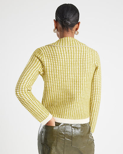 Green Boucle Checked Knit Cardigan