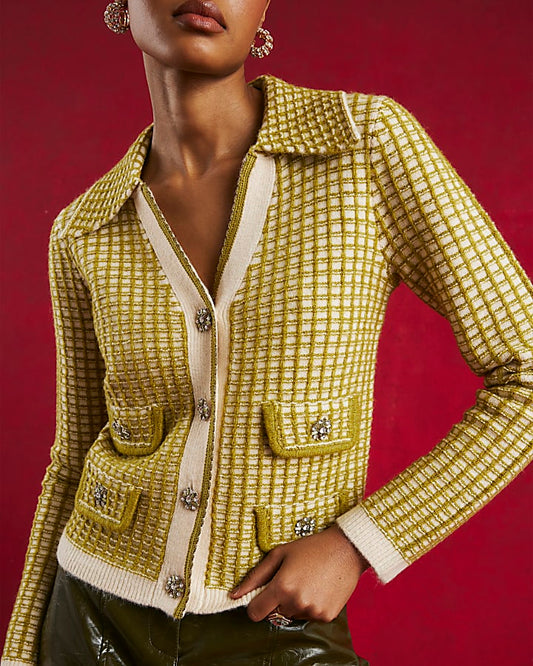 Green Boucle Checked Knit Cardigan