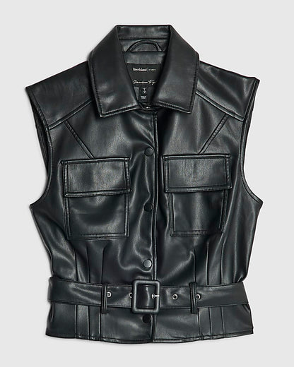 Black Faux Leather Belted Sleeveless Top