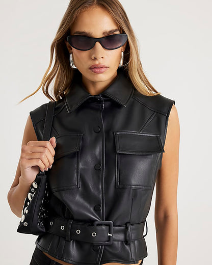 Black Faux Leather Belted Sleeveless Top