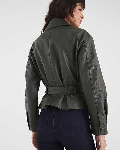 Khaki Faux Leather Belted Long Sleeve Shacket