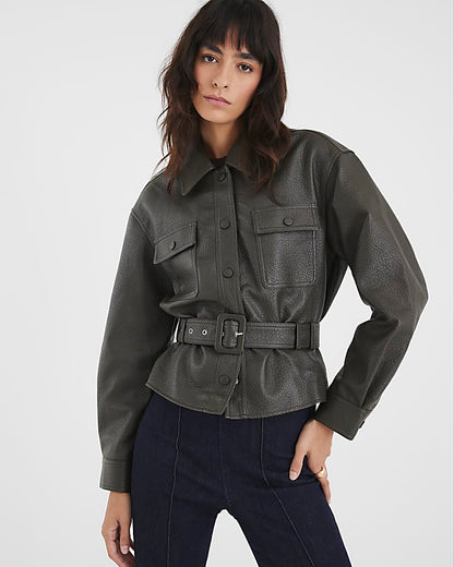 Khaki Faux Leather Belted Long Sleeve Shacket