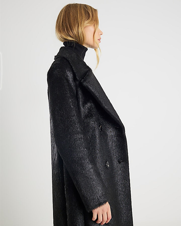 Black Pony Effect Double Breasted Coat
