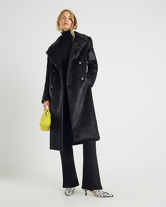 Black Pony Effect Double Breasted Coat