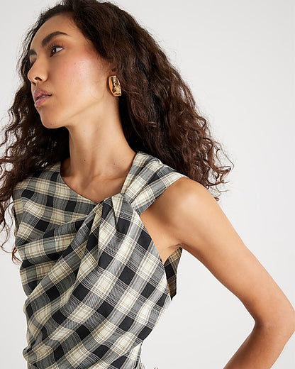 Cream Check Print Knot Maxi Dress