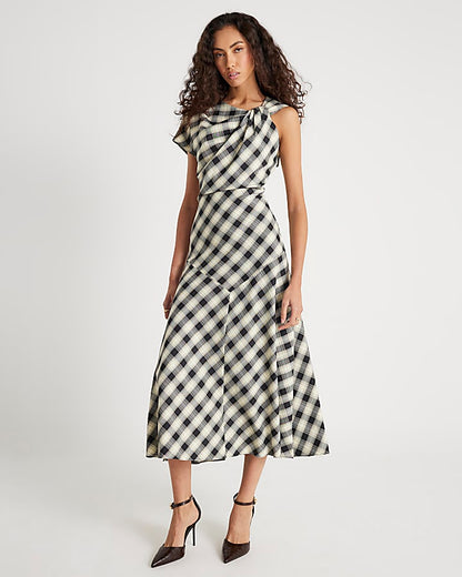 Cream Check Print Knot Maxi Dress