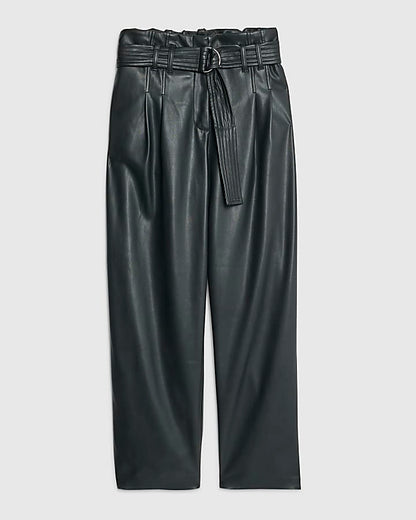 Black Faux Leather Tapered Belted Trousers