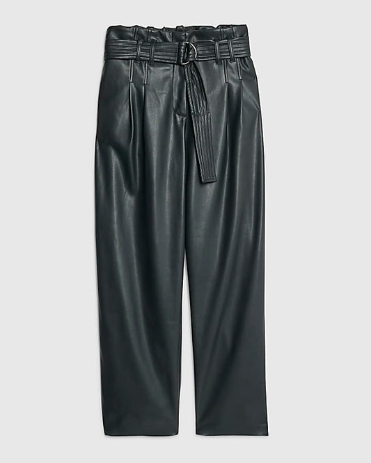 Black Faux Leather Tapered Belted Trousers