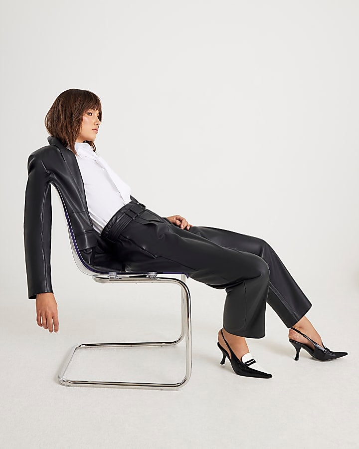 Black Faux Leather Tapered Belted Trousers