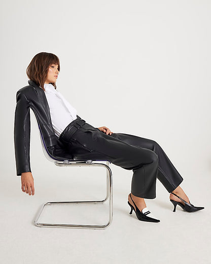 Black Faux Leather Tapered Belted Trousers
