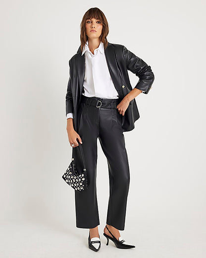 Black Faux Leather Tapered Belted Trousers