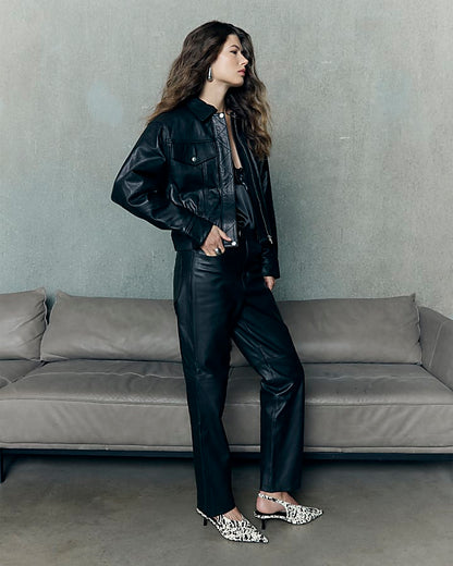 RI Studio Black leather straight leg trousers