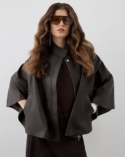 RI Studio Brown Leather Funnel Neck Cape
