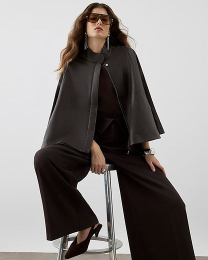 RI Studio Brown Leather Funnel Neck Cape