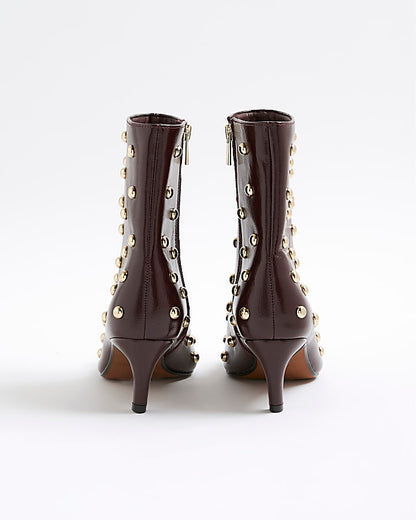 Red Studded Kitten Heel Boots