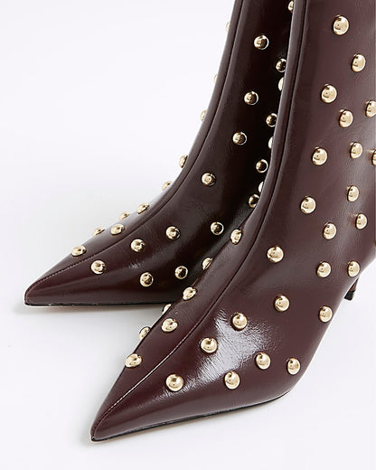 Red Studded Kitten Heel Boots