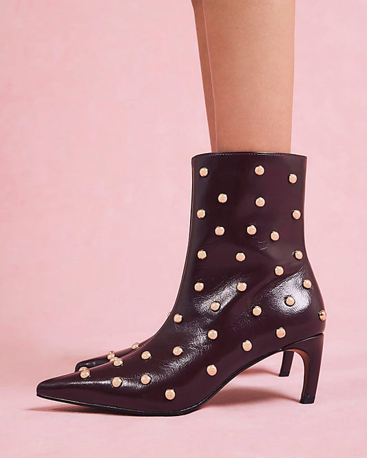 Red Studded Kitten Heel Boots