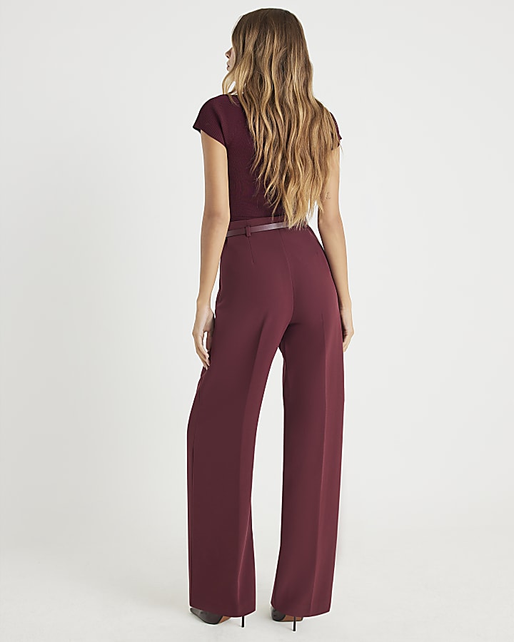 Red Belted Wide Leg Trousers | River Island