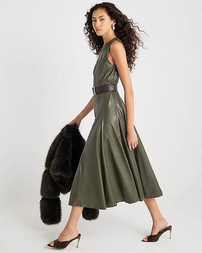 Khaki Faux Leather Midi Dress