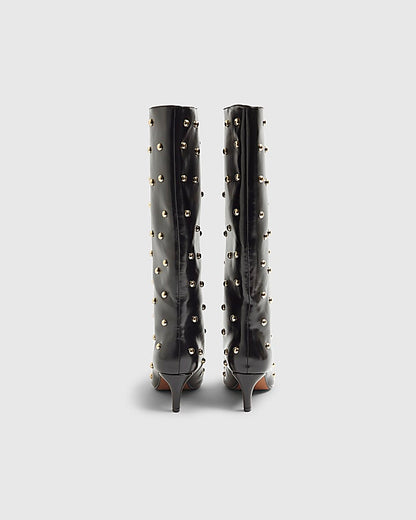 Black Faux Leather Studded High Leg Boots