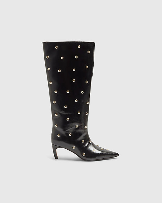 Black Faux Leather Studded High Leg Boots