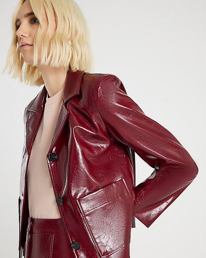 Red Faux Leather Collared Jacket